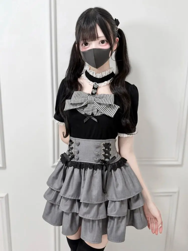 Japanese Y2K Lolita Two Piece Skirt Suit Women Sweet Slim Fit Tops High Waist Pleated Mini Skirt Korean Trendy Daily Outfit Set image 3