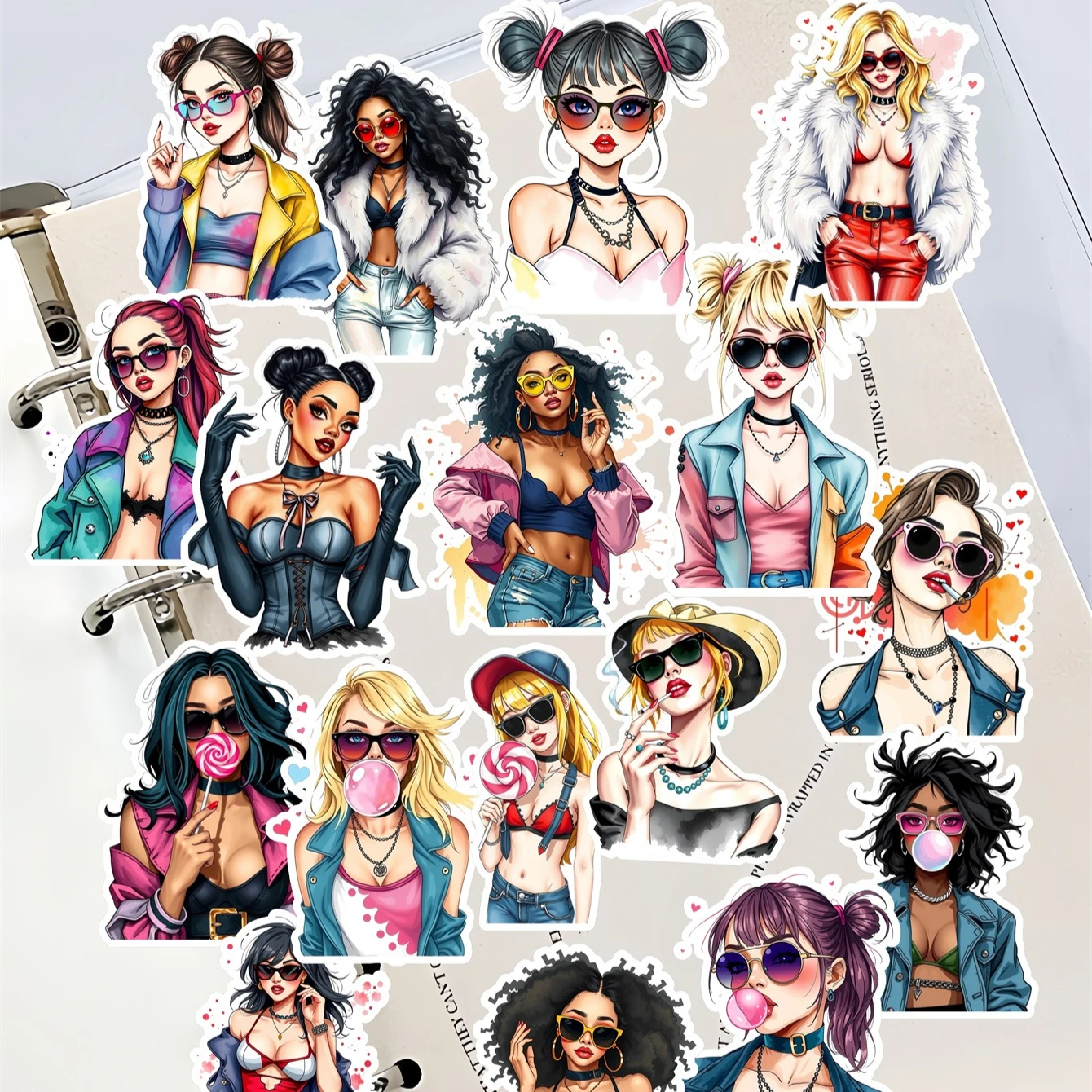 17pcs Ins Watercolor Mint Modern Beauty Stickers Black And White Salt Girl A Character Sketch Waterproof Hand Account Stationery