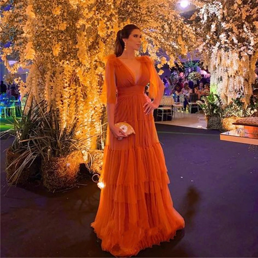 Lucy Burnt Orange Elegant Evening Dresses for Women Luxury Multi-layer Long Puff Sleeves Wedding Guest Bridesmaid Dress Woman