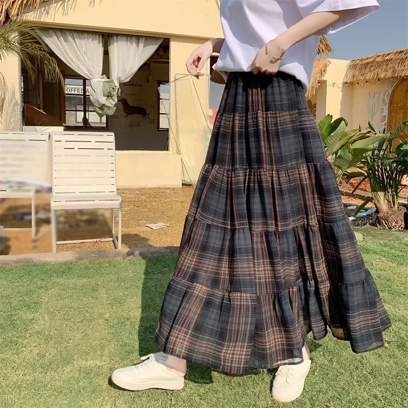 Dames retro geruite rok met hoge taille Geruite chiffon rok Elegante lange rok Nieuwe A-lijn Grote Swing Cake Losse avondjurk