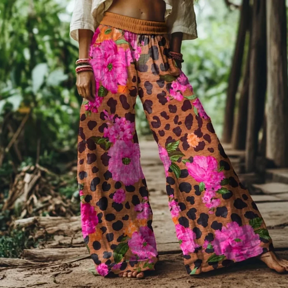 Modern Wife's Art Deco Leopard Print Wide Leg Pants - Flowing Bohemian High-Waisted Pants, Perfect for Summer Vacation and Casual Wear