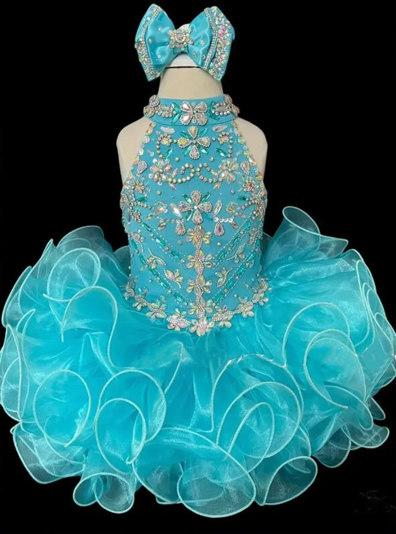 

Girl turquoise pageant dress halter neck open back knee length cupcake girl first birthday pageant flower girl dress