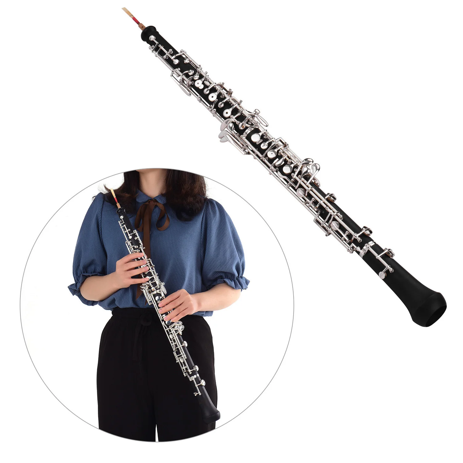 Professional Oboe C Key Semi-automatic Style Nickel-plated Keys Woodwind Instrument with Oboe Reed Gloves Leather Case Carry Bag