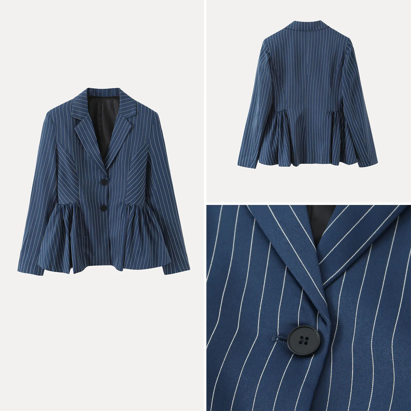 

2025 Autumn New Women's Faion Personali Puff Flower Bot Hem Flat Collar Long Sve Striped Suit Western Sle Commute