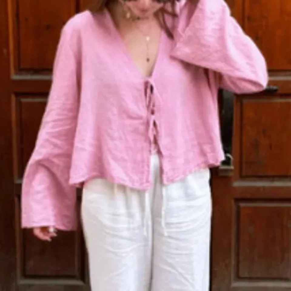 Damen-Sommer-Fest-Freizeithemd, Damen-Hemd mit Puffärmeln, Schößchen-Hemd, Krawatte vorne, Rüschenbluse, Teenager-Mädchen, Schnürung, süß, 2019