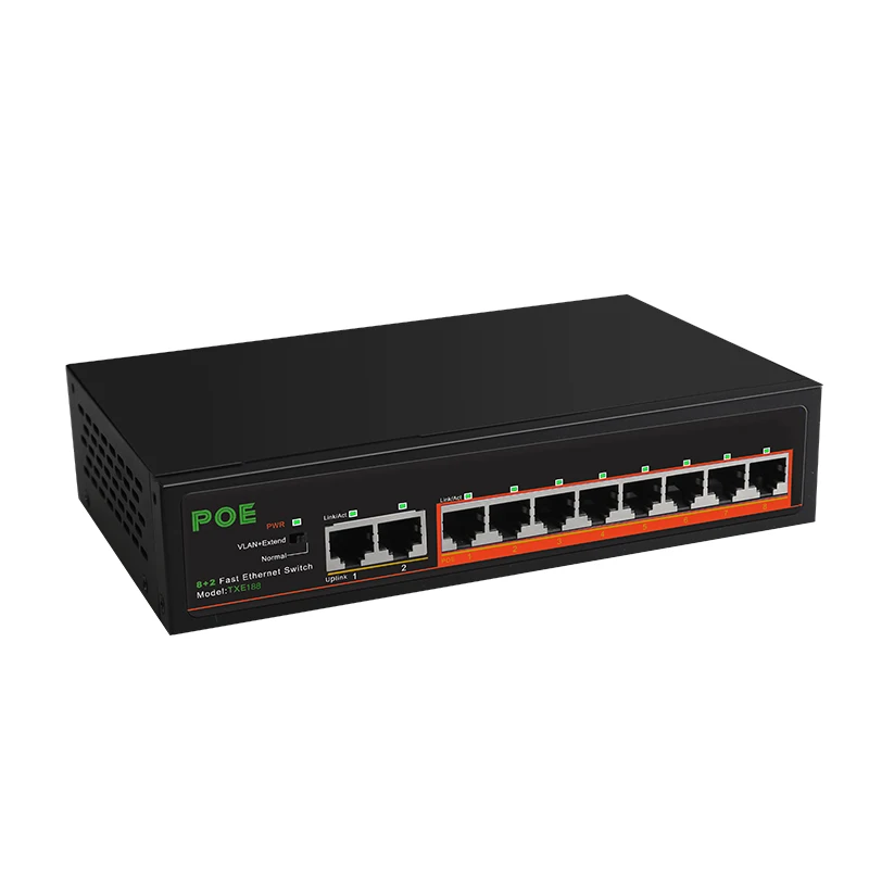 

8 портов 10/100 Мбит/с PoE + 2-портовый коммутатор Uplink Неуправляемый Ethernet-коммутатор POE для IP-камеры Встроенный адаптер питания Внутреннее питание 250 м