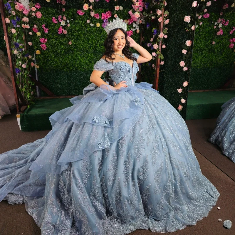 

Shiny Haze Blue Quinceanera Dress off-shoulder Glitter 3D Flower Decal Long tail Bow Vestidos De 15 Quinceanera ﻿Customize