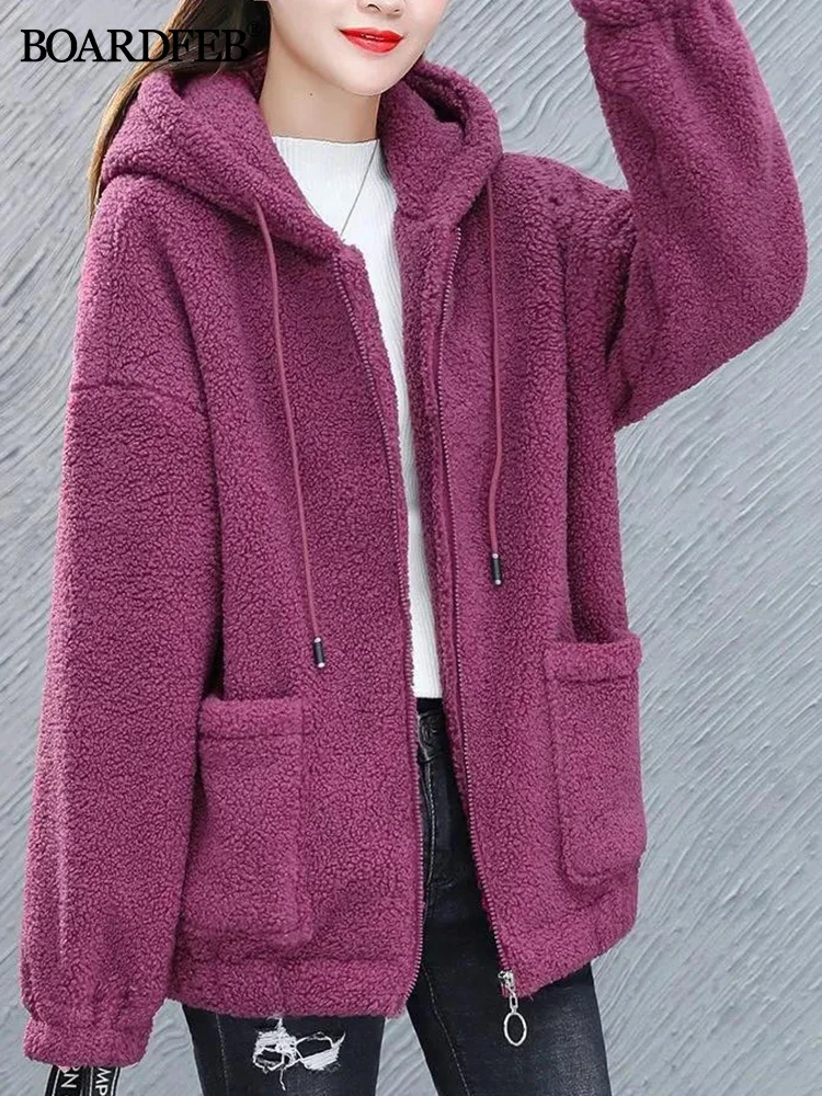 

Women Fleece Hooded Sweater Solid Lamb Cashmere Cardigan Jacket Coat Ladies Casual Plush Autumn Winter Long Sleeve Cotton Tops