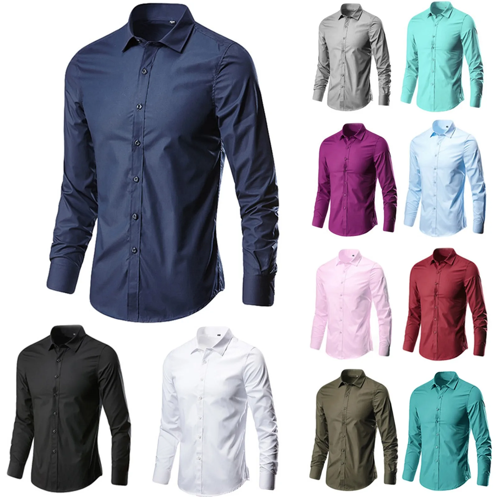 New Plus Size Men Solid Color Business Shirt Fashion Classic Basic Casual Slim Solid Long Sleeve Shirt Brand Clothes Leisure