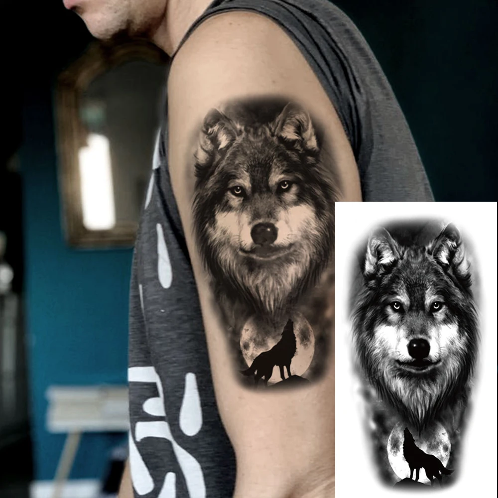 Waterproof Temporary Tattoo Sticker Black Moon Wolf Totem Realistic Animal Body Art Arm Fake Tattoos Sleeve Women Men Leg Waist