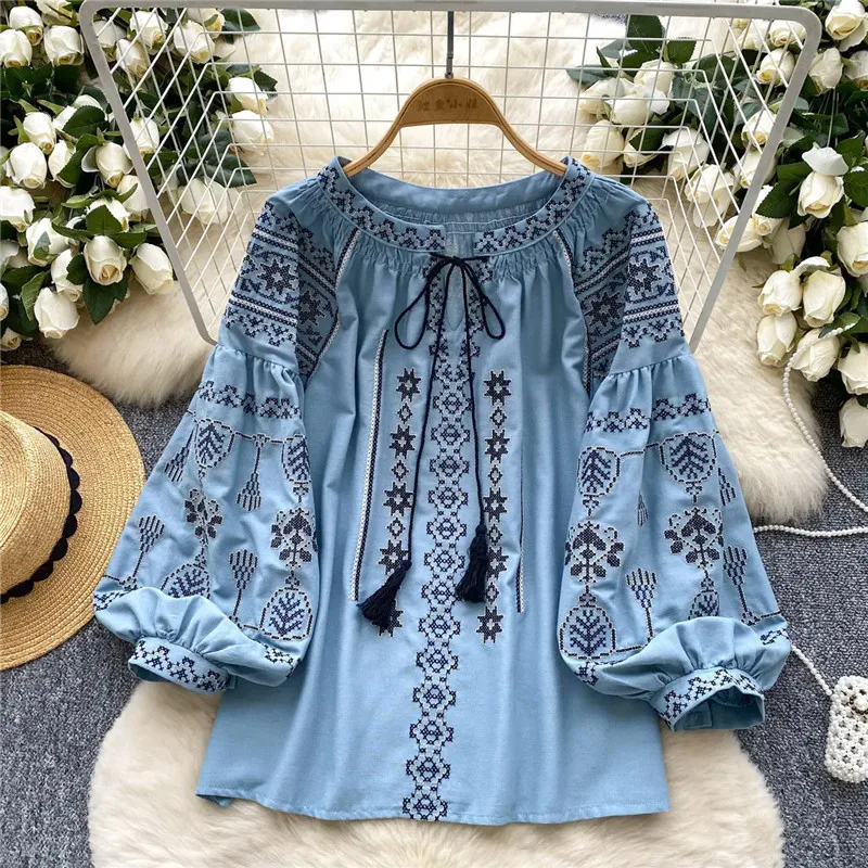 2025 Spring New Blouse Women Fashion Versatile Embroidery Lantern Sleeve Lace Up O-Neck Pullover Shirt Female Loose Tops B961