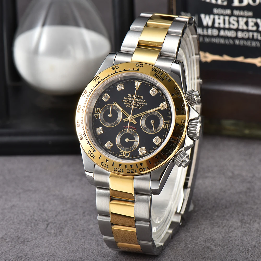 Oumashi 39mm DTN VK63 Movement Panda Three Eye Quartz Watch Sapphire Stainless Steel Waterproof Timing Code Men's Watch