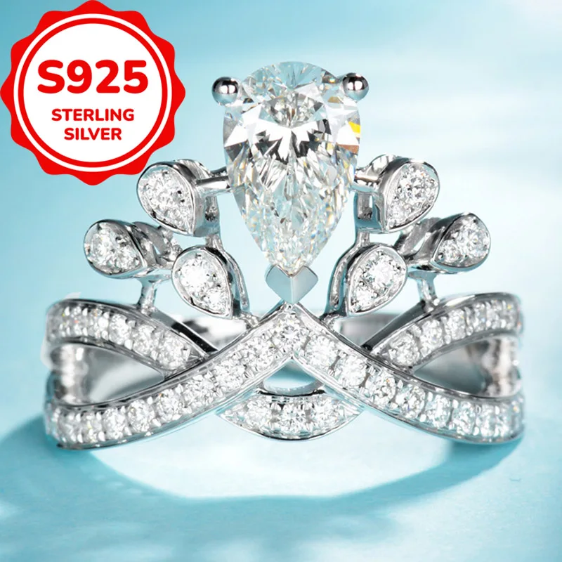 925 sterling silver light luxury elegant water drop pear-shaped crown synthetic zircon open adjustable ring daily versatile ring