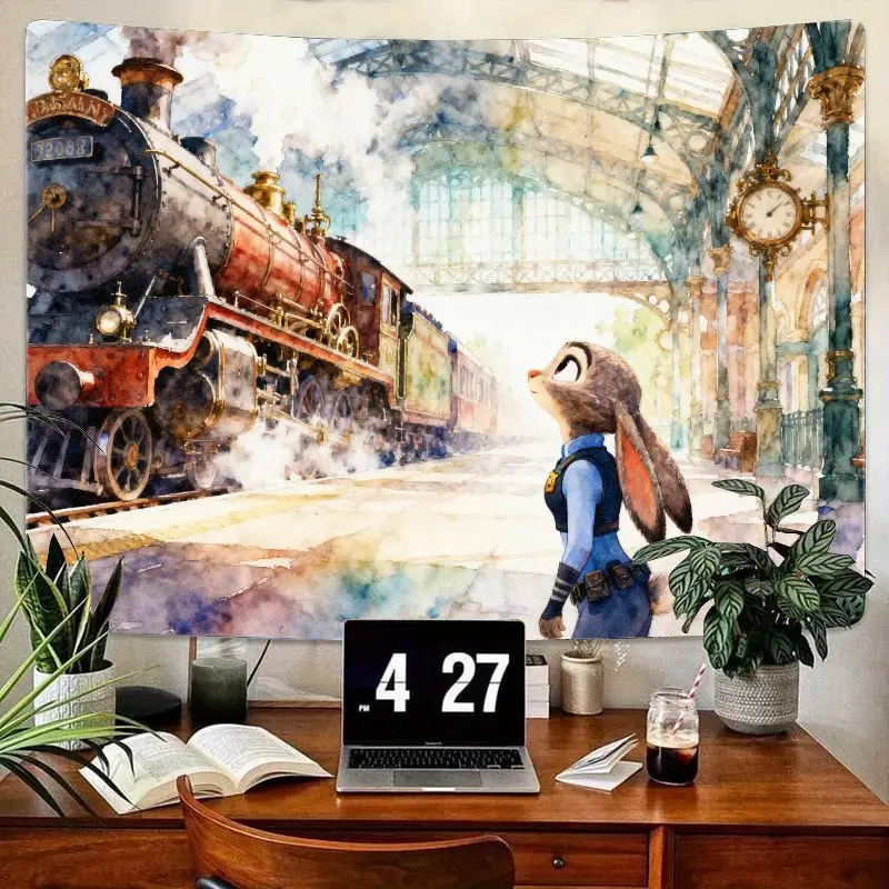 

1 шт. гобелен «Зверополис Джуди Хоппс», винтажный акварельный настенный рисунок станции паровоза, эстетический подарок для декора комнаты из полиэстера.