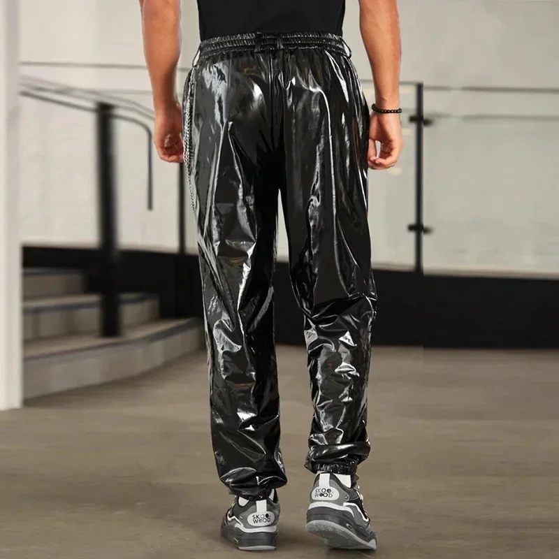 Shiny Patent Leather Lantern Pants Men Casual Loose Elastic Band Knickerbockers with Chain Hip Hop Moto Trousers Pocket Clubwear