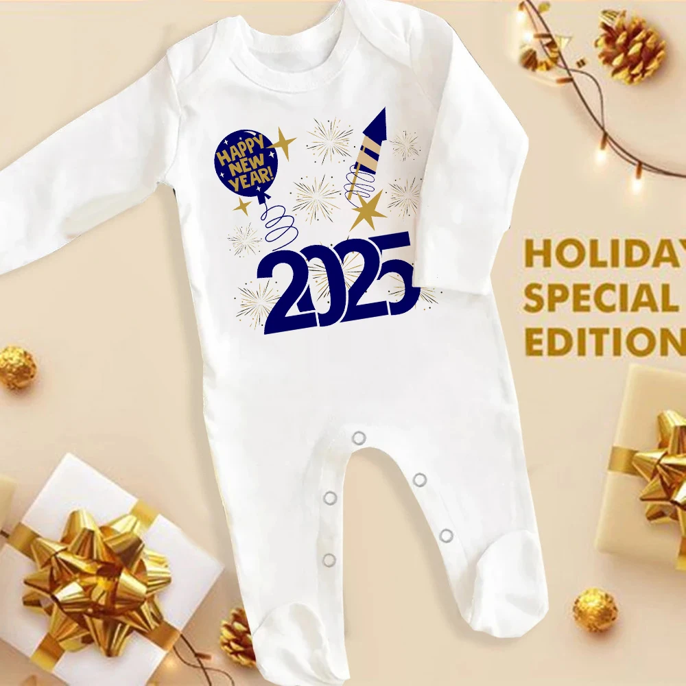 Hello 2025 Printed Baby Sleepsuit Romper Happy New Year Newborn Babygrow Outfit Jumpsuit Infant Footies Long Sleeve Bodysuit