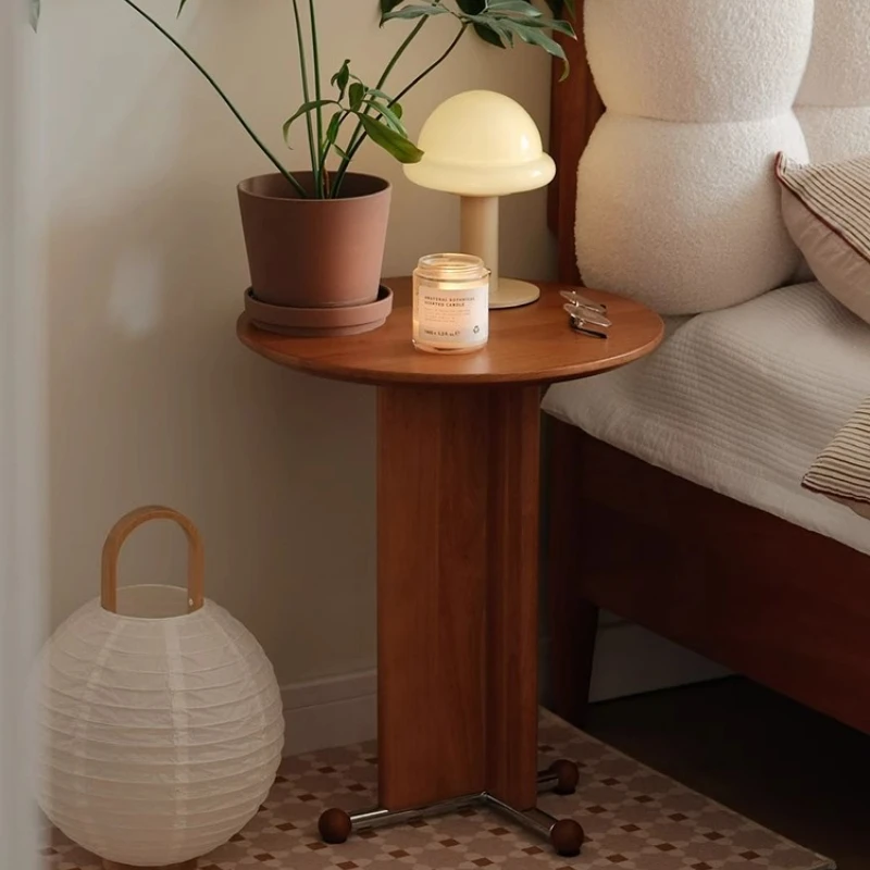 Vintage Walnut End Table Solid Wood Bedroom Nightstand Creative Round Coffee Table for Sofa Living