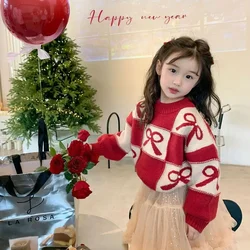 2024 Girls Sweater Thick Loose Childrens Autumn Winter Fashion Knitted Sweater with Bow Top for Girls Red Sweater