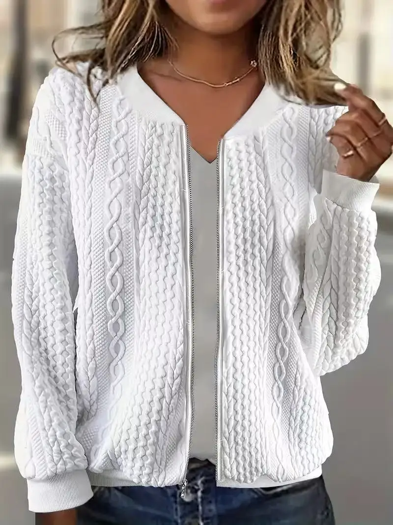 

Plus-size women's solid color long-sleeve open-collar casual knitted twist zip jacket coat