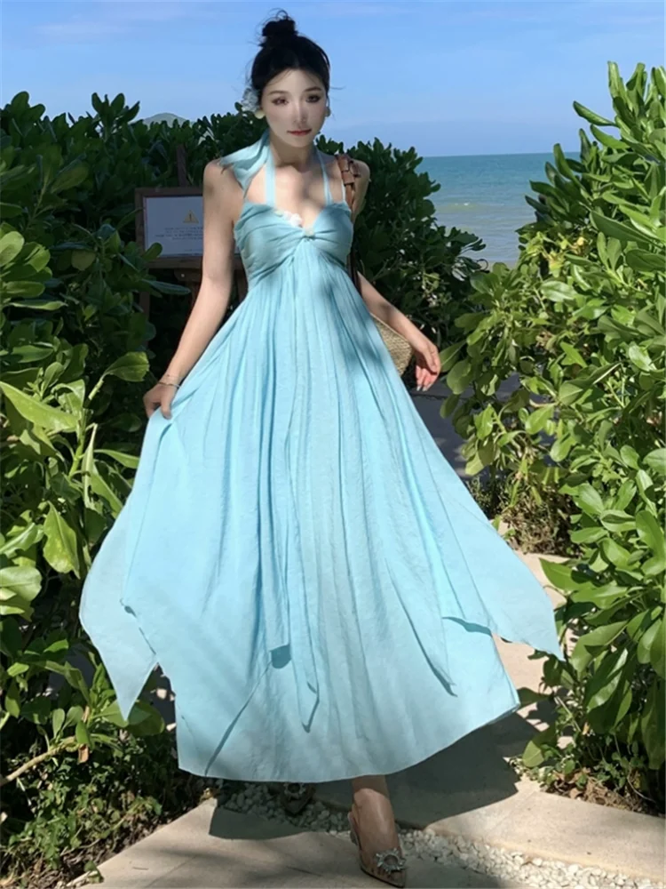 女性のためのセクシーなロングドレス,バックレス,ノースリーブ,ホルターネック,マキシ,ストラップ,休暇,ビーチ,パーティー,夏