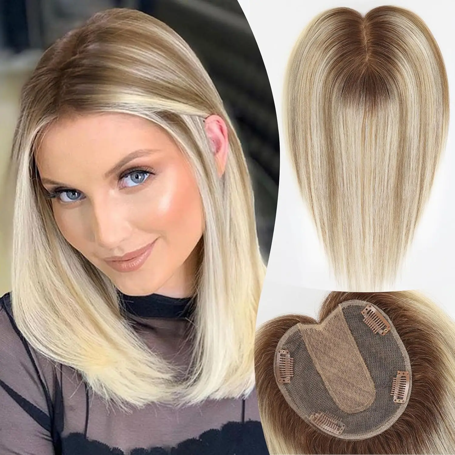 14 inch Mixed Blonde Human Hair Topper Middle Part Brown Highlight Hair Extensions 100% Remy Human Hair for Women with Thin Hair