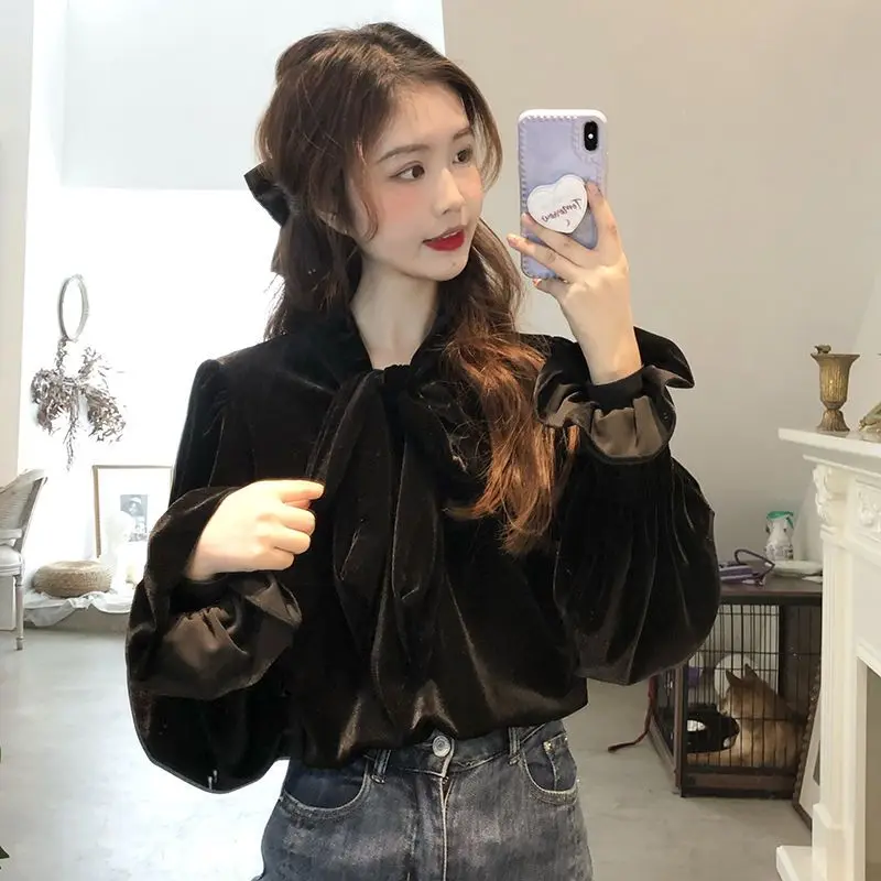 Designed and Elegant Puff-sleeved Velvet Shirt Women New Bow Tie Long-sleeved Top