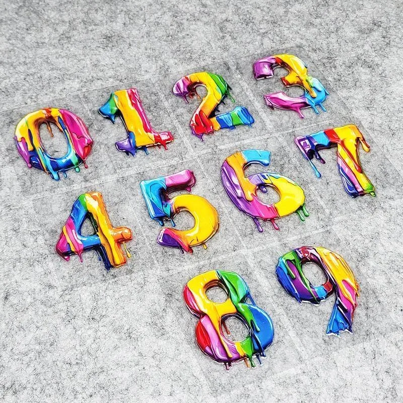 1pc 2D Dripping Paint 0-9 Number Sticker Waterproof Dopamine Vinyl Decal for Car Motorcycle Fuel Tank Helmet Decor