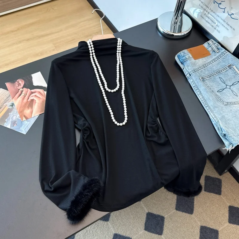 New Chinese Style Autumnal Women's Base Layer Top with Stand Collar And Fur Sleeves Unique Personality Upper Body Fashionable...