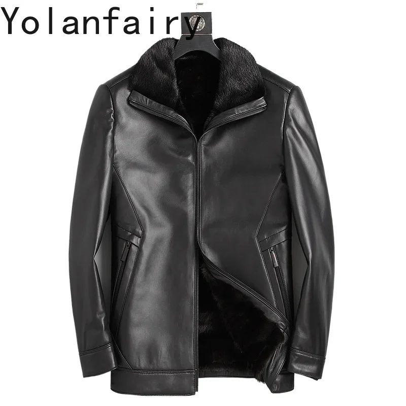 

YOLANFAIRY Genuine Leather Sheepskin Mens Jacket Fashion Winter Mink Liner Coats Lapel Jackets Casual Jaqueta Masculina Couro