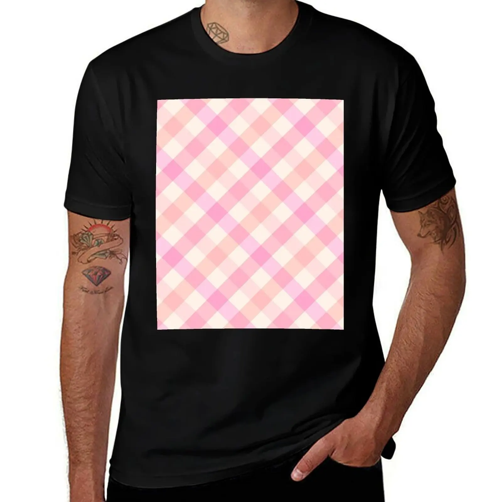 

Light Pink Gingham Plaid T-Shirt t shirt man designer cotton t shirts high quality t shirt man plain T-shirt