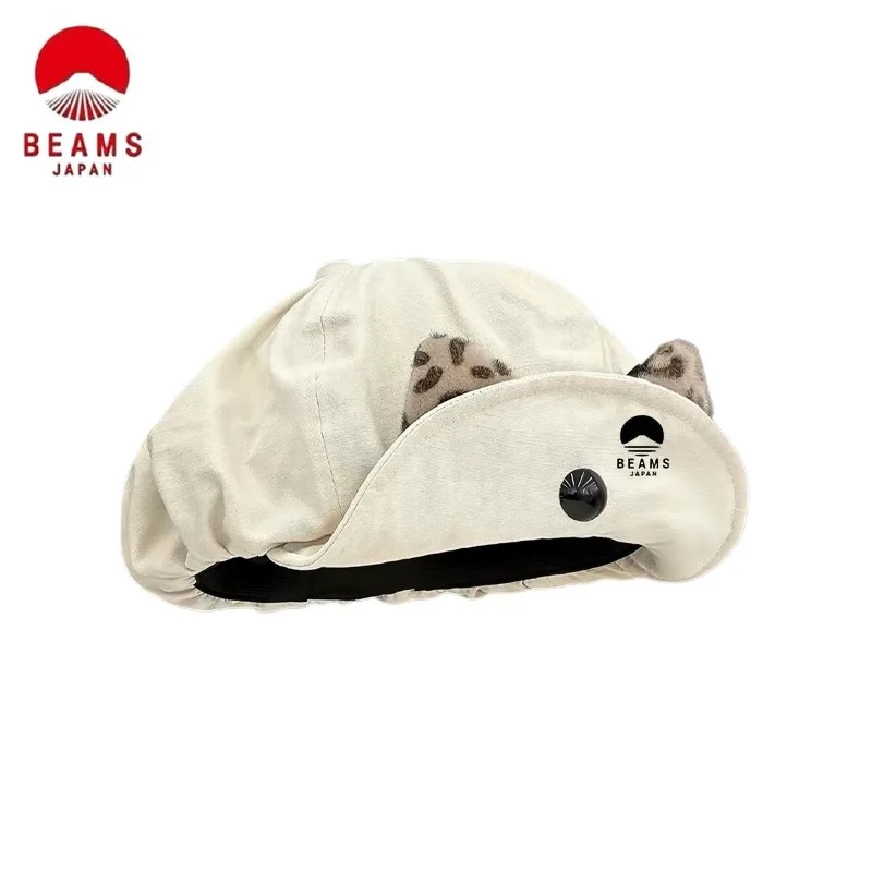 BEAMS Cute Leopard‑Print Ear Flip‑Brim Thin Painter Beret, Face‑flattering Octagonal Casual Artist Hat for Women
