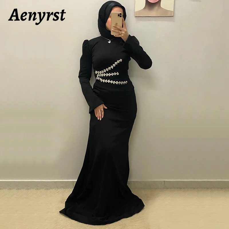 

Aenyrst Saudi Elegant Muslim Black Prom Dress Women Beaded O Neck Party Evening Dresses Floor Length Formal Occasion Gowns 2025