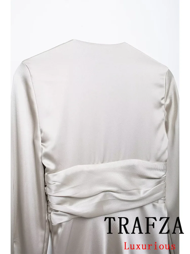 TRAFZA Vintage Casual Chic Solid Satin Women Dress Ruffles Long Sleeve V-Neck Buttons Dress Fashion 2024 Autumn Holiday Dress