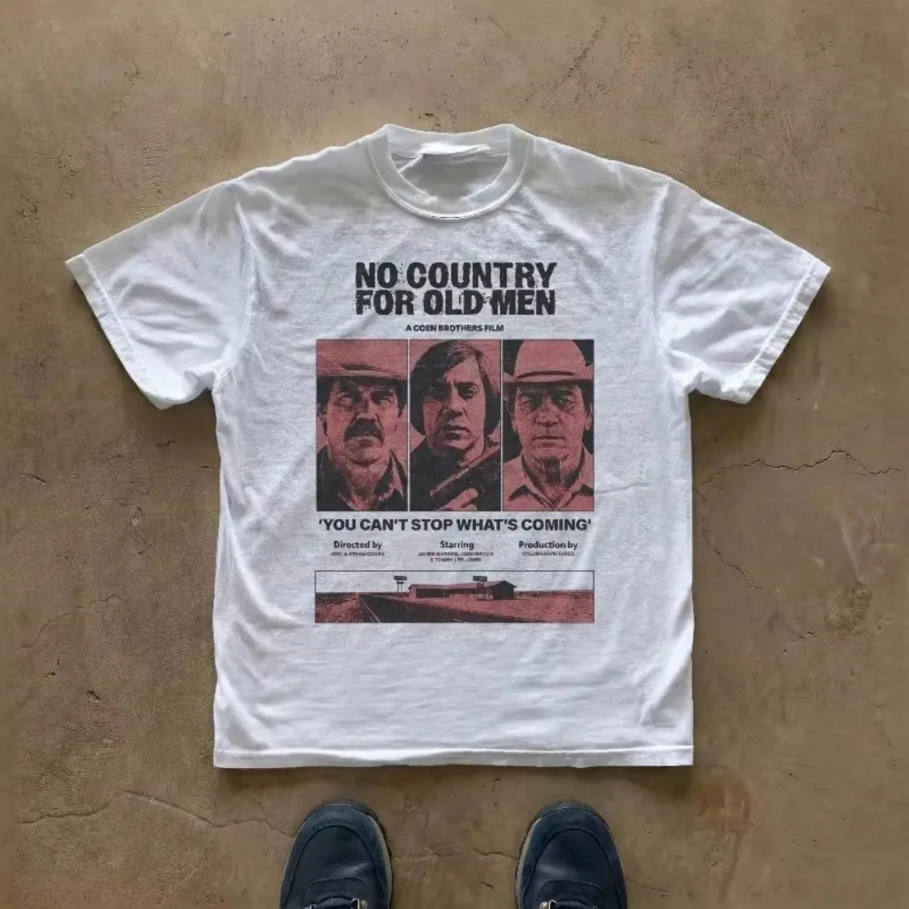 White Red Toned Three Character Collage Graphic Tee Top Block Movie Title Middle Quote Bottom Desert Scene Chest Oversized Tops