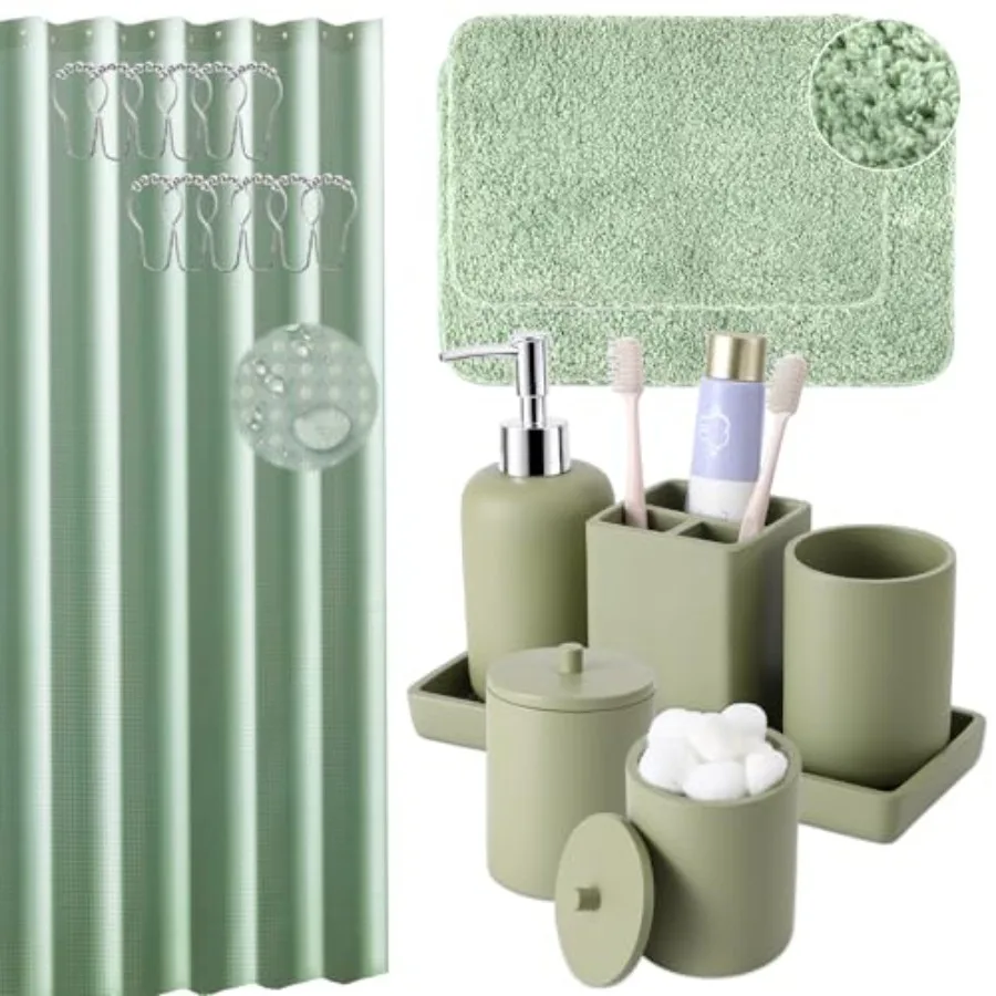 

Набор из 21 предмета для ванной комнаты: водонепроницаемая шторка для душа, нескользящий коврик, дозатор для мыла и лосьона из полимерной смолы.