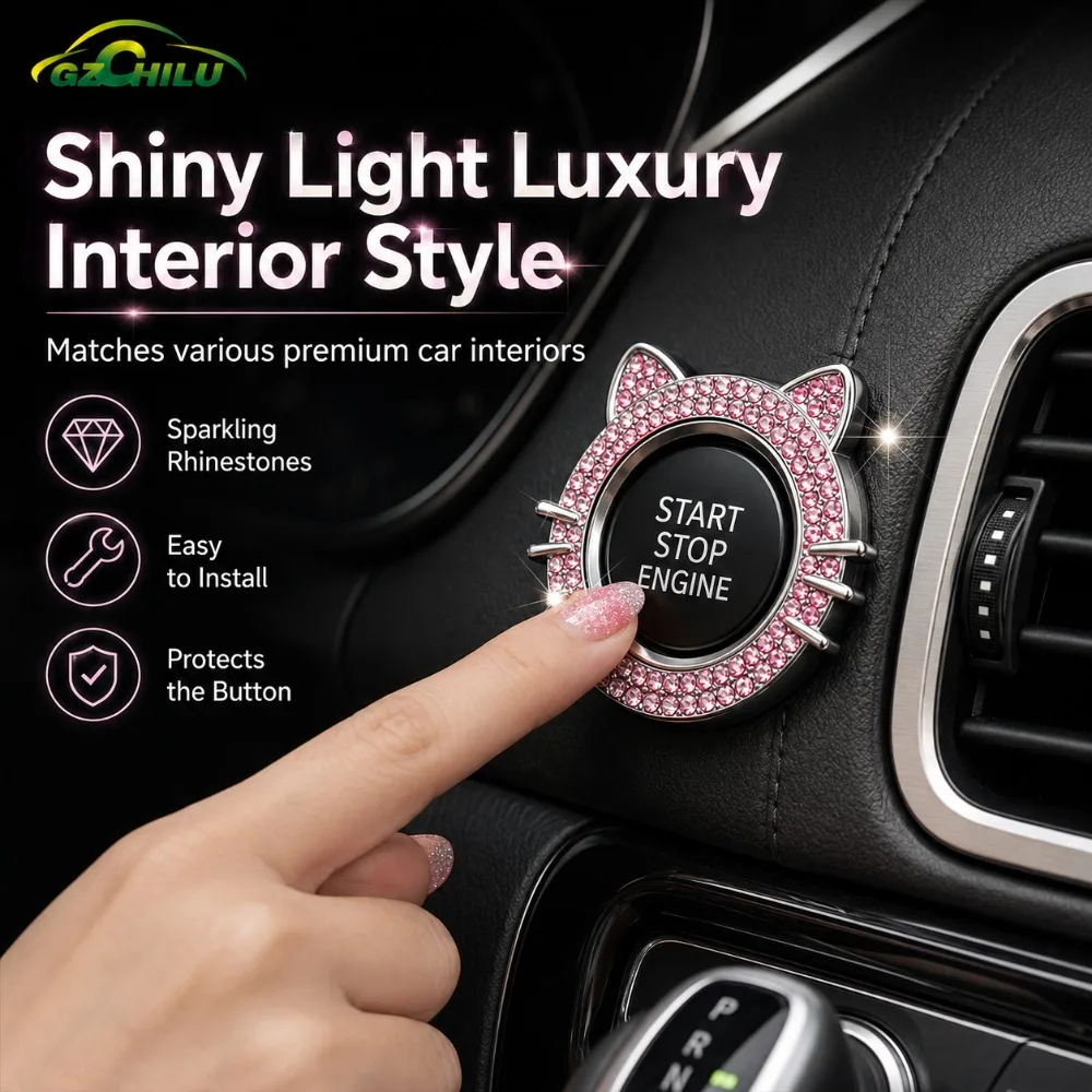 Cat-ear Rhinestone Car Engine Start Car Start Switch Button Auto Decorative Diamond Stickers Ring Circle Trims Protective Cover