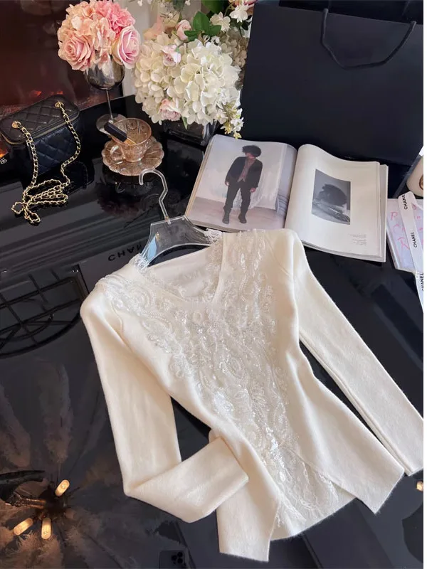 

White Lace Splice Knitted Base irt Women's Spring New Waist-Cinching Slimming Top Korean Sle Commute Faion Regular Fit