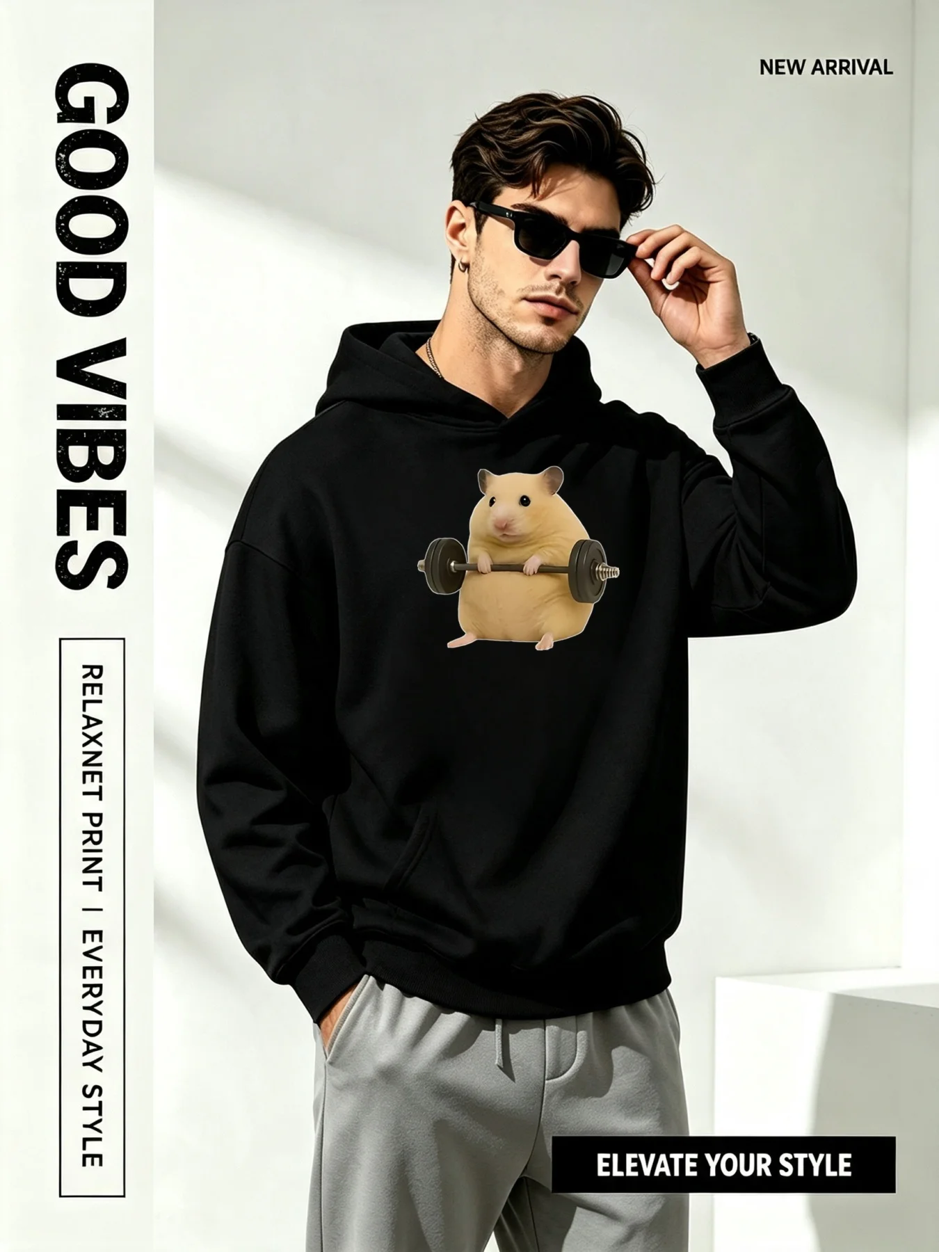 Men's Fun Weightlifting Hamster Print Hoodie, Cute and Casual Style, Loose-Fitting Everyday Wear for Home Workouts and Relaxation