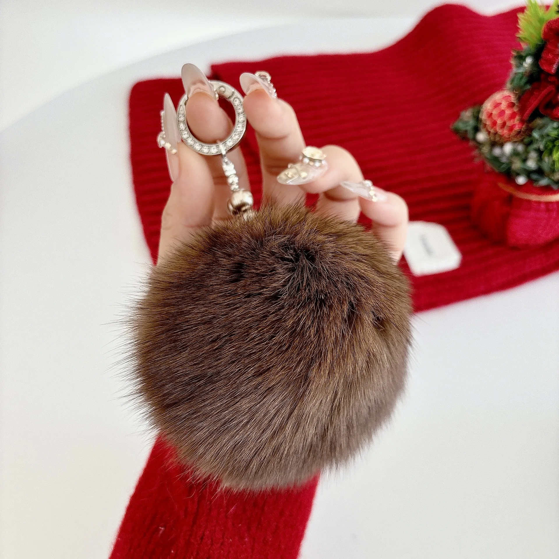 

Cute Fox Fur Ball Bag Charm Women's Plush Phone Case Lanyard Keyring Car Ornament Brown Diamond-studded Keychain for iPhone 17