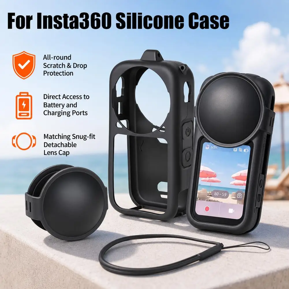 Silicone Protective Case Set for Insta360 X6 Action Camera With Lens Cap Neck Lanyard Camera Sleeve Cover Accessories