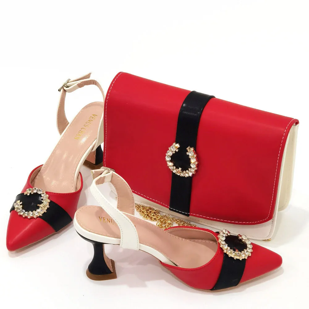 

Italian Style Shoe And Bag Combination Pointed Women's Shoes Red+Green Splicing Wine Glass Heel Bolsos De Fiesta Para Mujer Boda