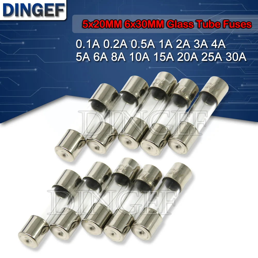 10PC 5*20mm 6*30mm Fast Blow Glass Tube Fuses 5x20mm 6x30mm 250V 0.5A 1A 2A 3A 4A 5A 6A 8A 10A 15A 20A 25A 30A 0.75A AMP Fuse