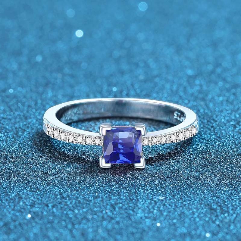 Square Created Blue Sapphire 925 Sterling Silver Ring for Women Princess Cut Gemstone Fine Jewelry Anillos De Prata