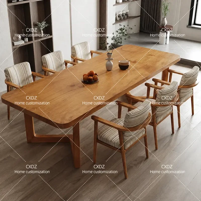 Nordic Solid Wood Dining Table and Chair Set Rectangular Log Long Table for Home Kitchen Office Workstation Bookshelf