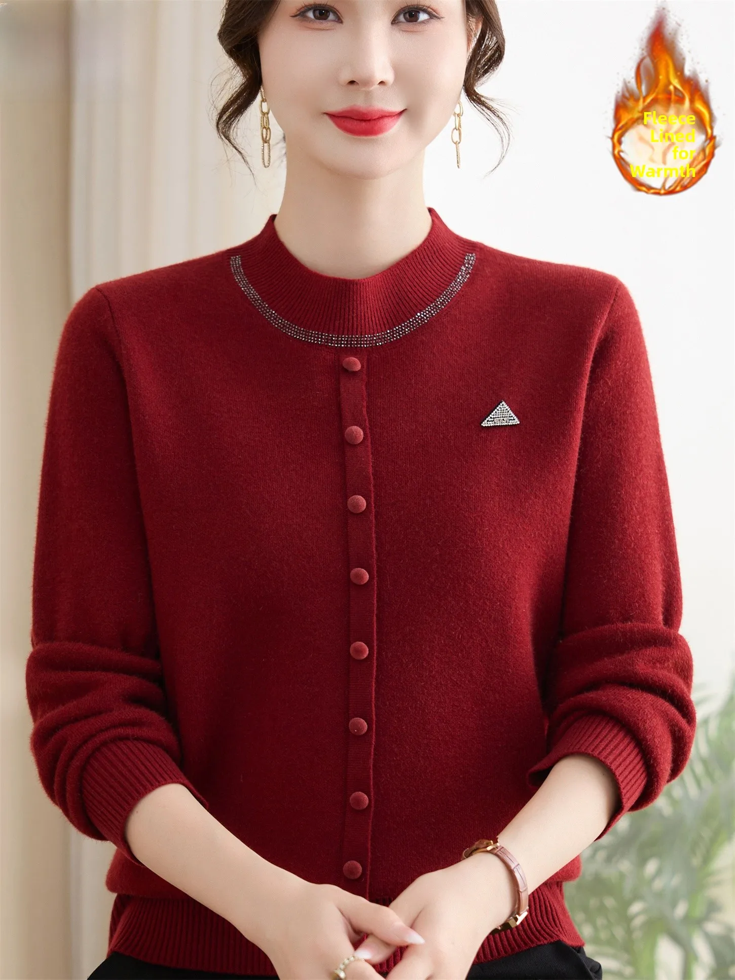 

Thiened шерстяная трикотажная основа, круглый необычный теплый топ Fce для женщин среднего возраста и ly, зимняя мода