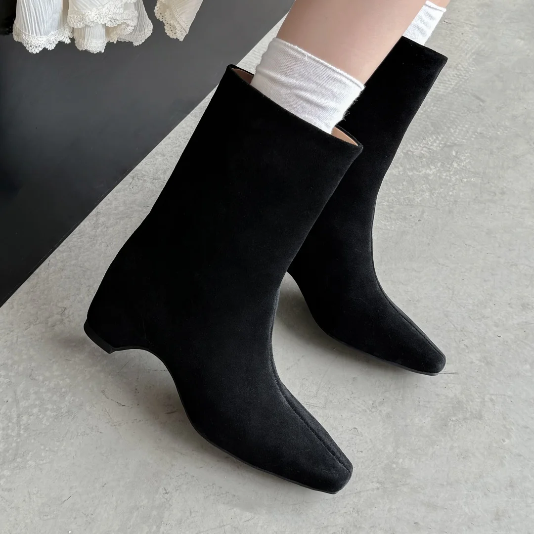 

Women's natural suede leather square toe slip-on autumn ankle boots elegant ladies 6cm wedge med heel daily dress short booties