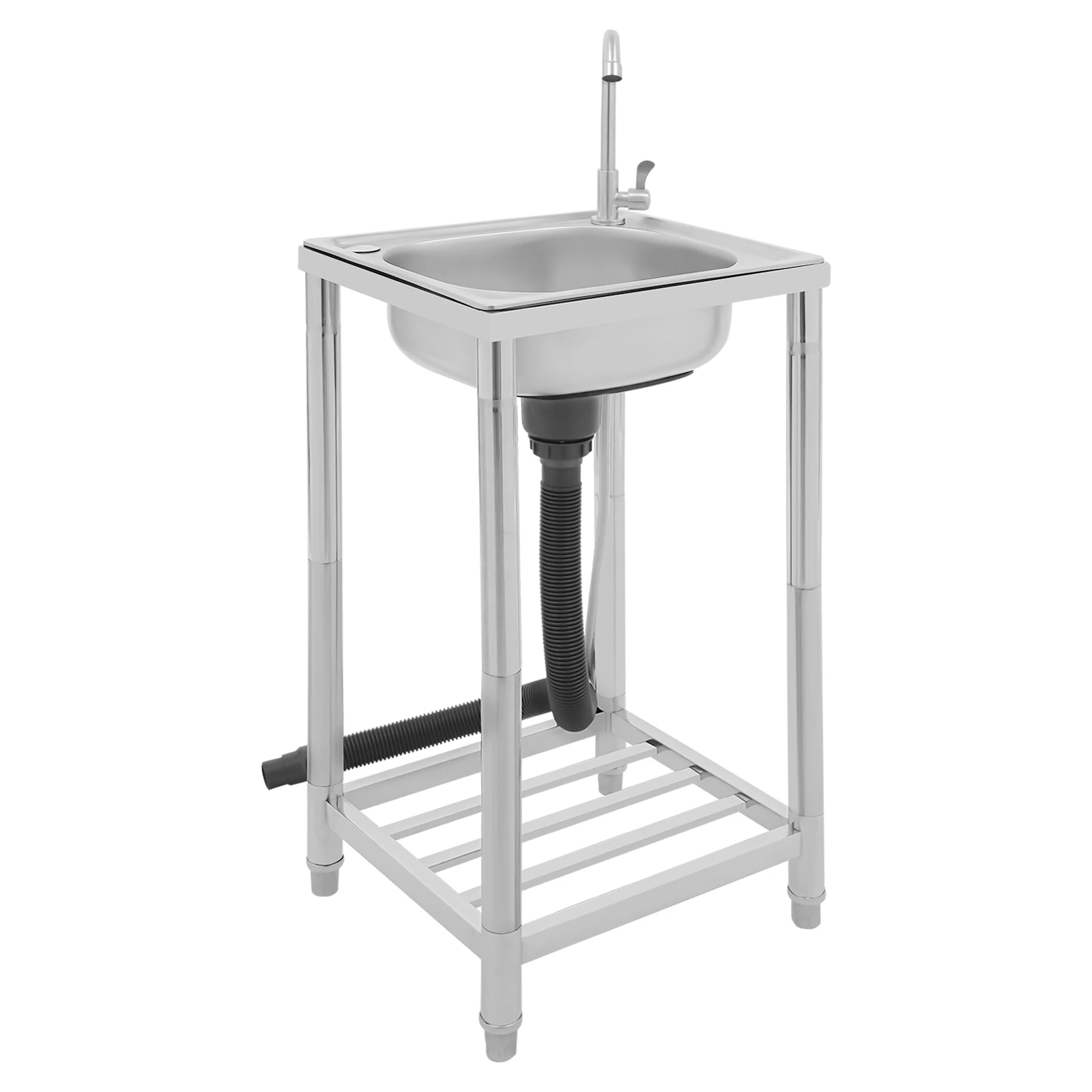 Kitchen Sink with Large Basin Silver Stainless Steel Sink 360° Rotatable Faucet Free Standing Single Bowl Sink