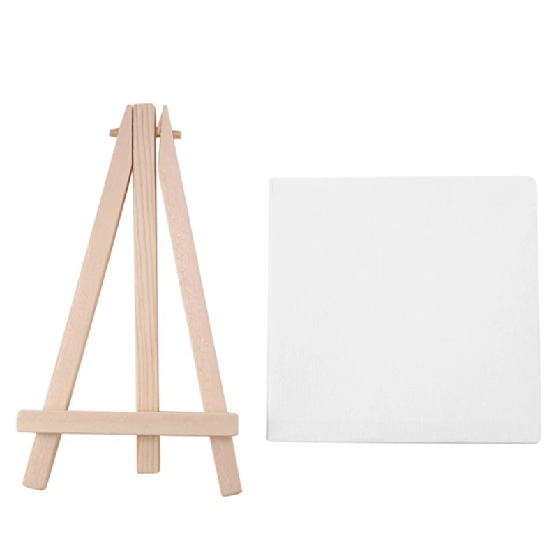 4 By 4 Inch Mini Canvas And 8X16cm Mini Wood Easel Set For Painting Drawing School Student Artist Supplies, 12 Pack