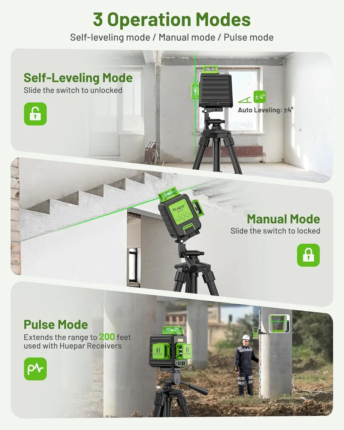 Imagem -04 - Laser Verde de Auto Nivelamento com Estojo Rígido B03cg Alto Brilho Linha Cruzada Horizontal e Vertical 12 Linhas Huepar3d