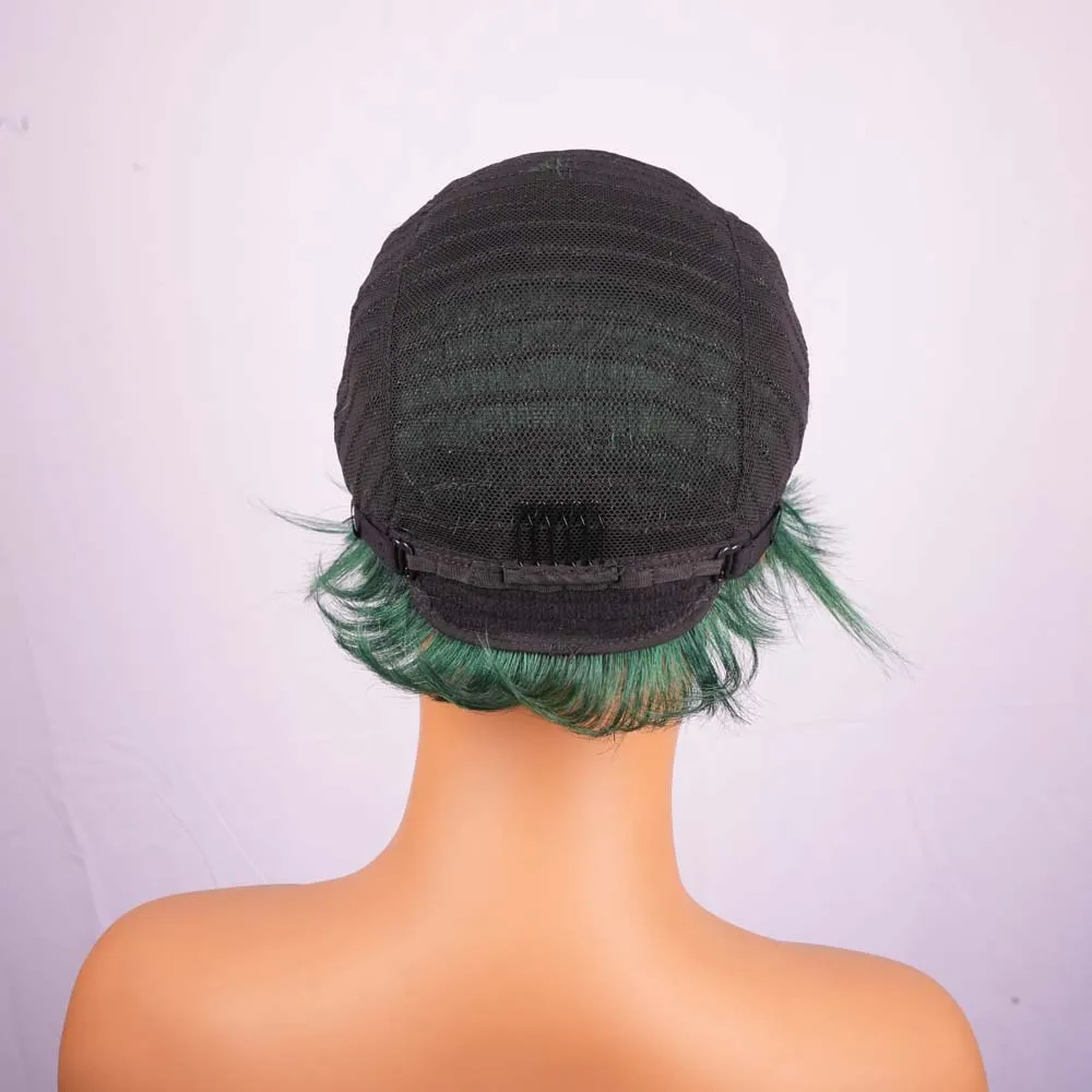 شعر مستعار بقص عابث مع غرة، شعر بشري ريمي قصير مستقيم، شعر مستعار أخضر للنساء، شعر مستعار بأسعار معقولة